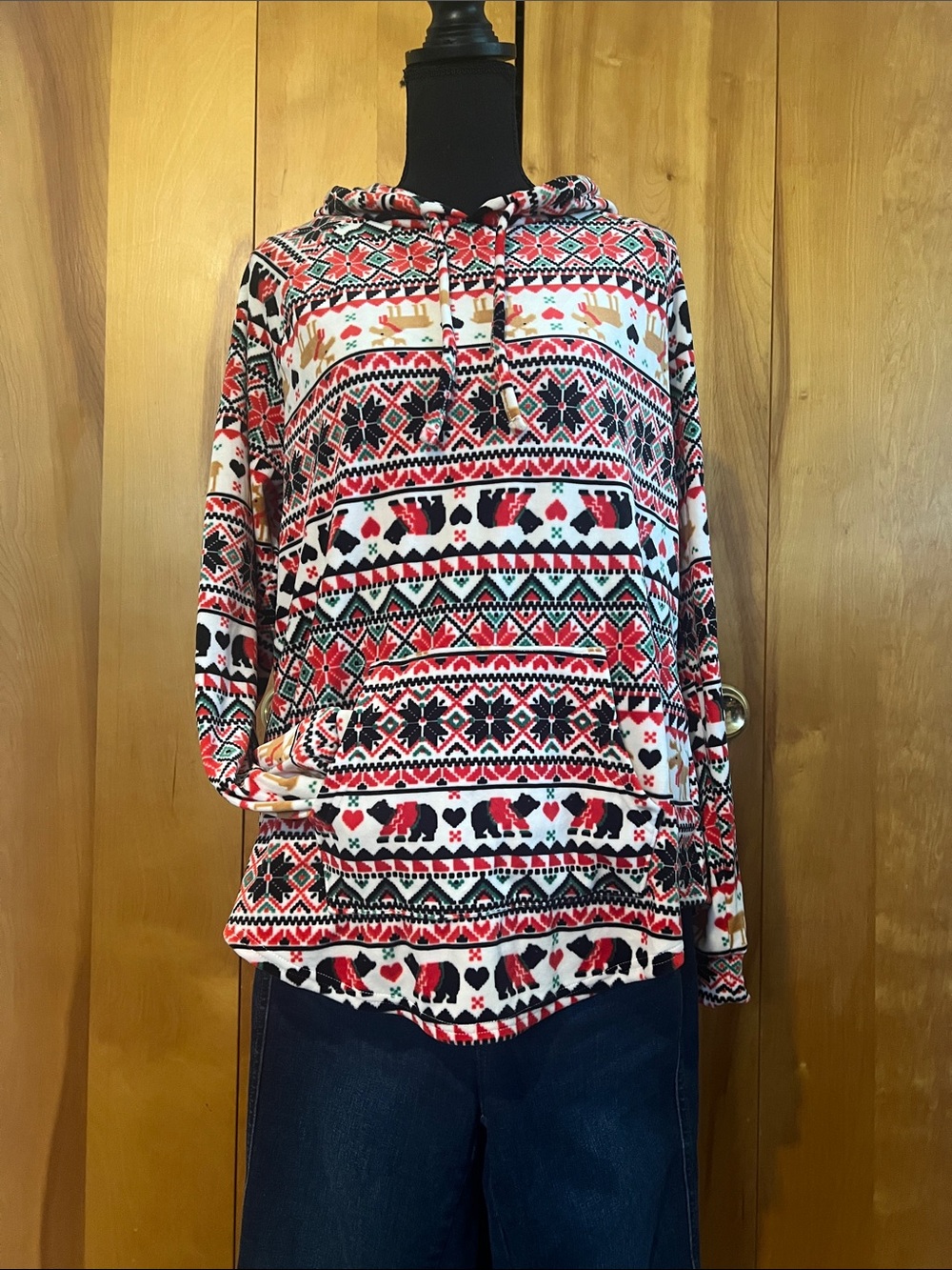 No Boundaries Red, White & Black Hooded Pullover with Fair Isle Print